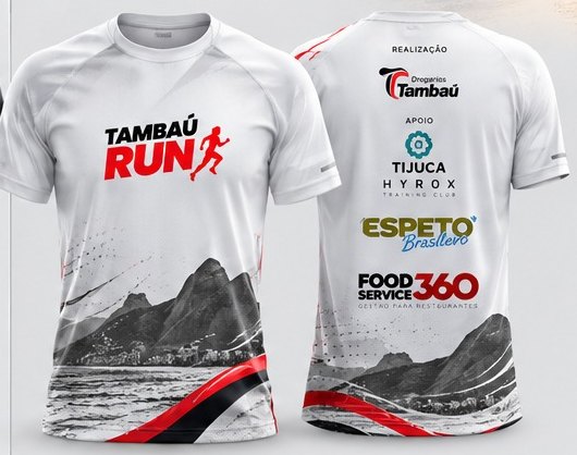 Camisa oficial da Tambaú Run 5K, frente e costas, com arte inspirada na orla de Ipanema